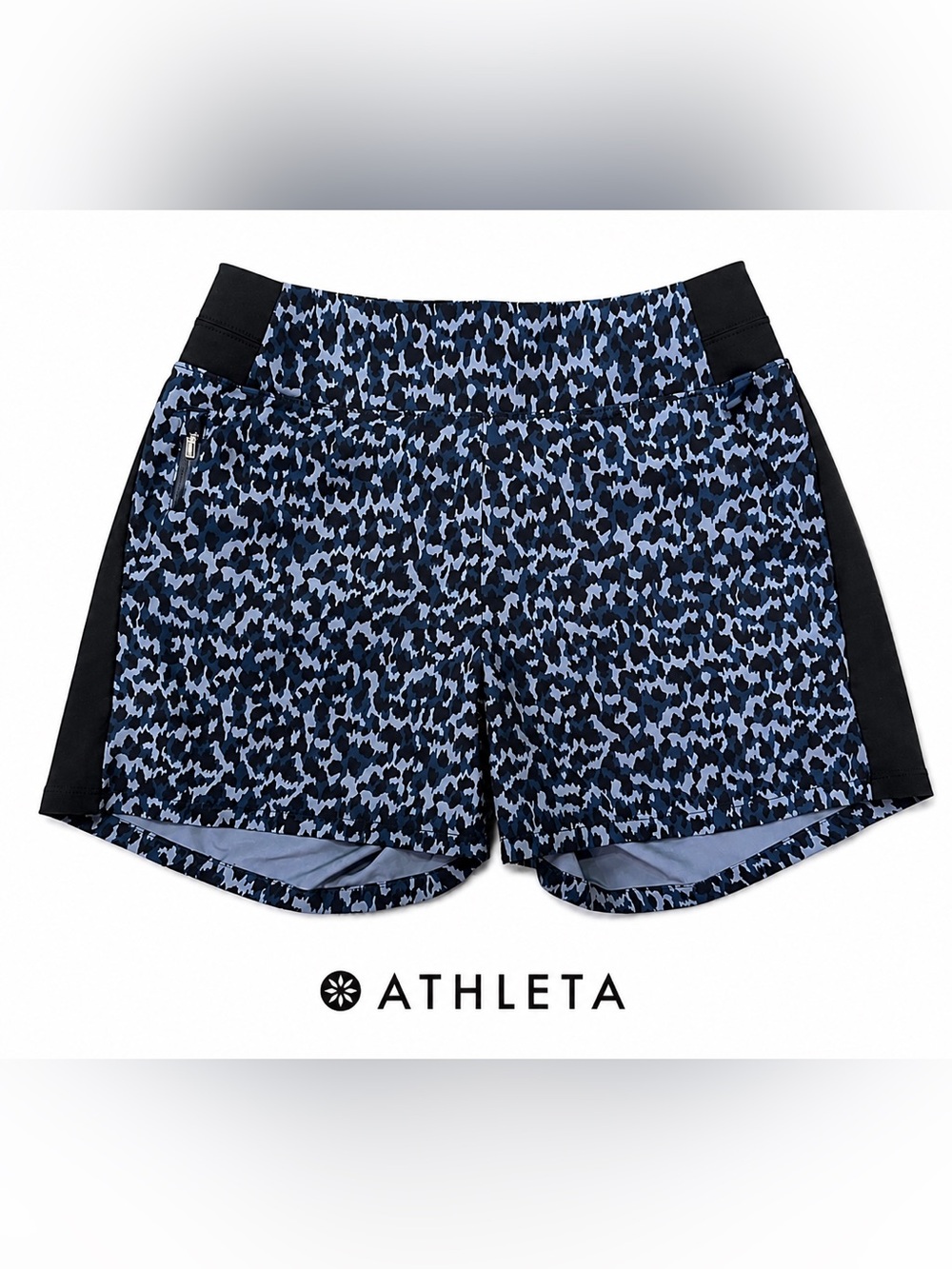 Athleta Printed Running Shorts  Blue Black Print Zip Pocket. size 0